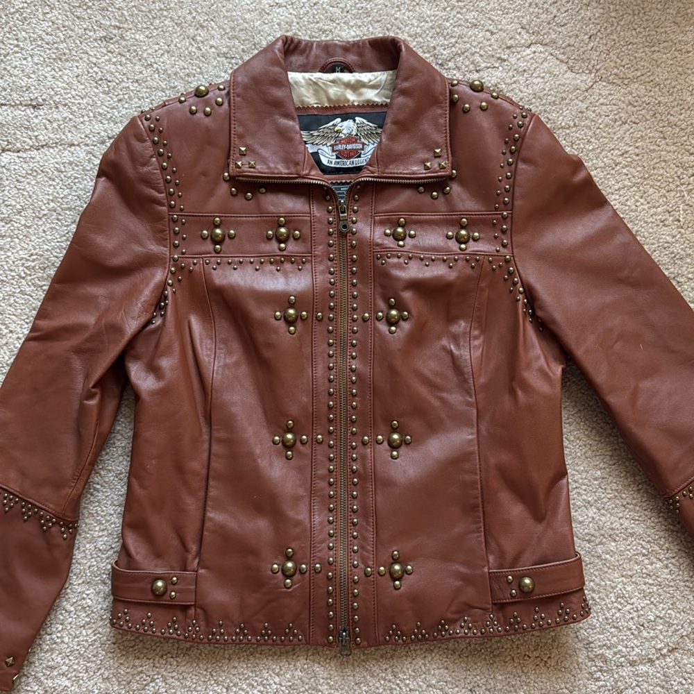 Harley Davidson Brown Studded Leather Jacket, Size M